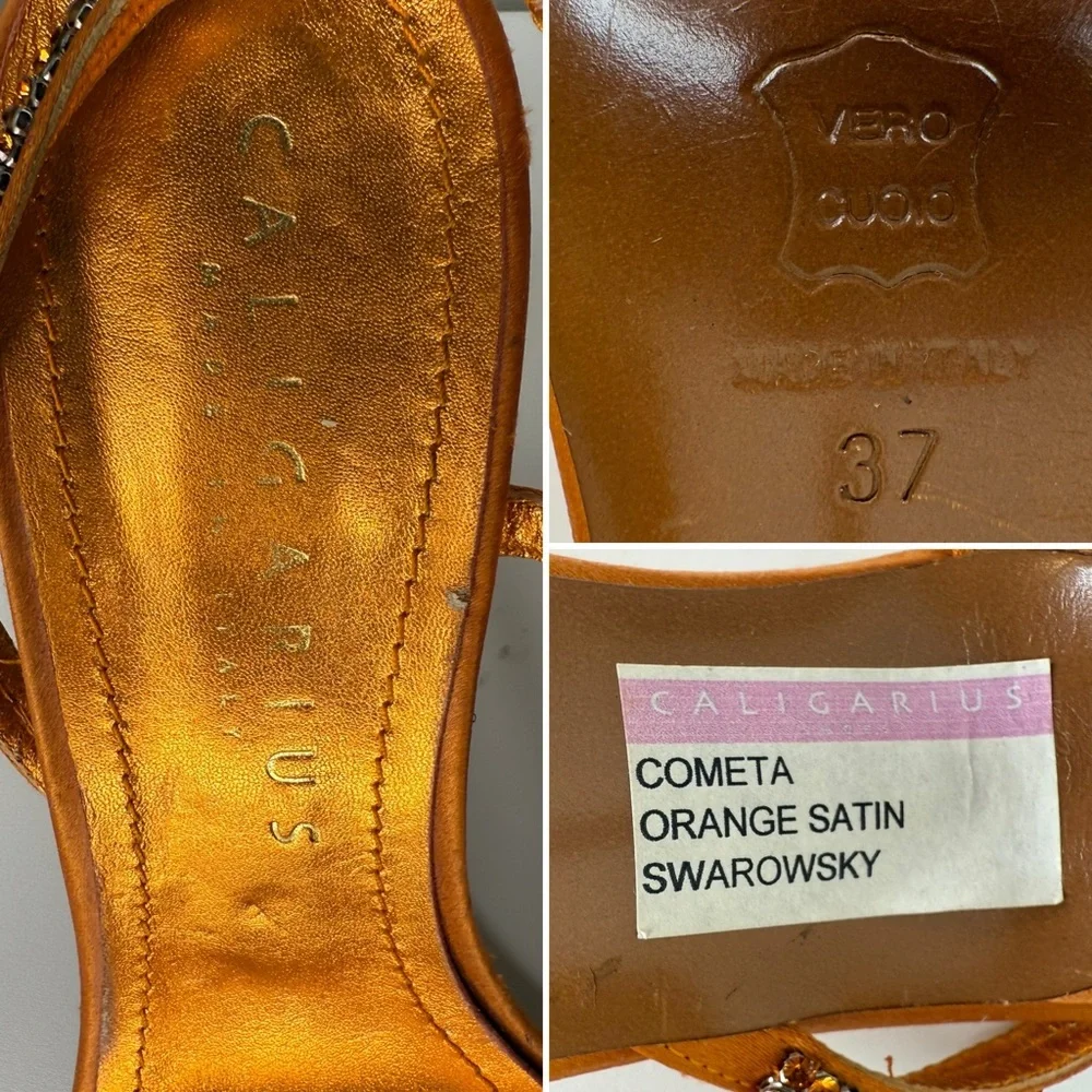 Caligarius Cometa Orange Satin Swarovski Crystal Heels Made in Italy Sz 37/ US 7 - Picture 8 of 12